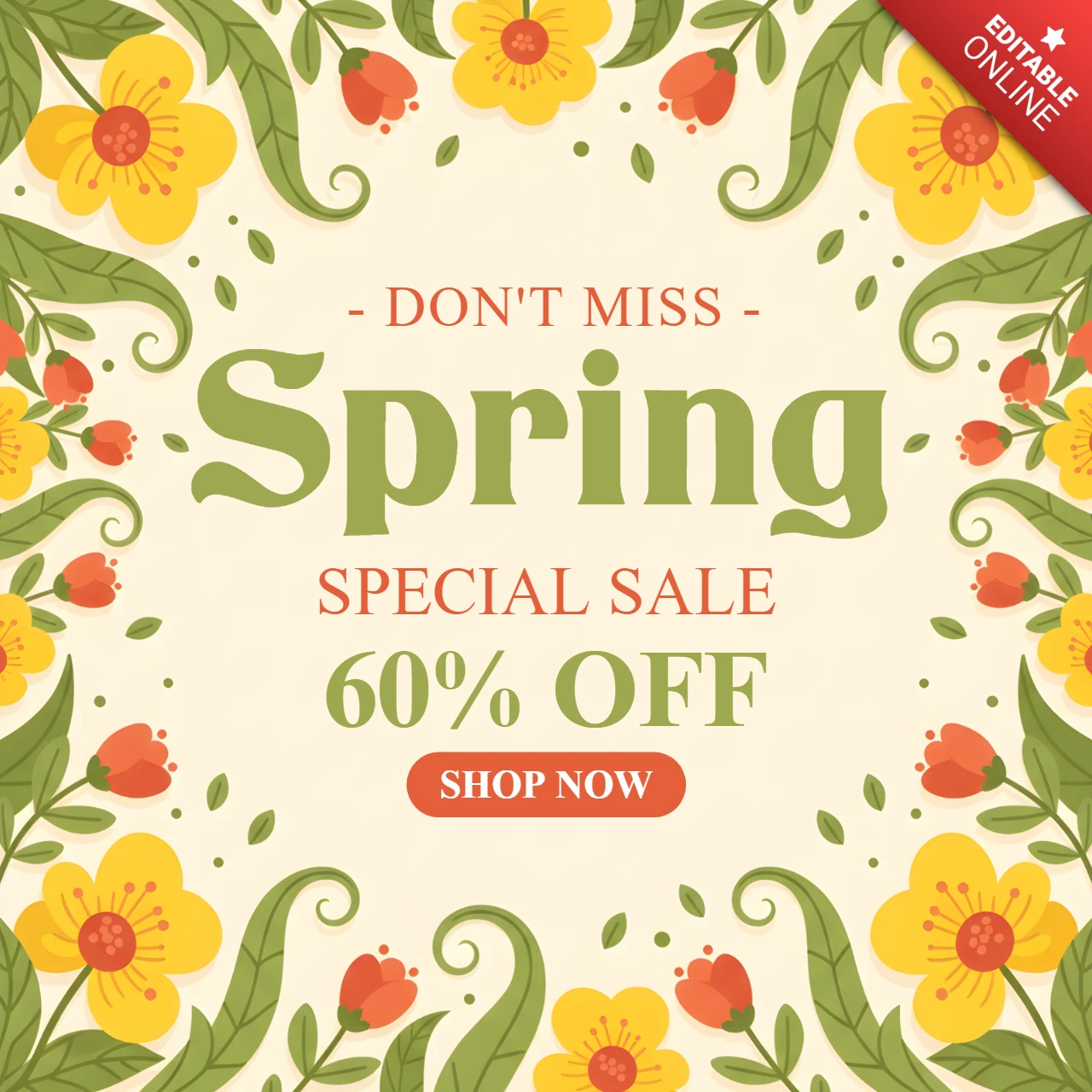 Affiche promotionnelle de vente de printemps avec des fleurs colorées et des réductions limitées dans le temps.