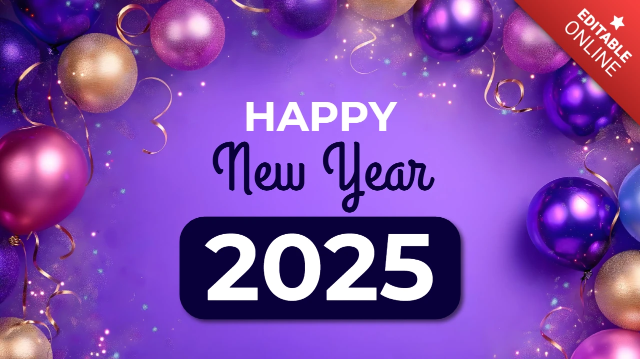 Frohes neues Jahr 2025 lila Ballon Design Vorlage