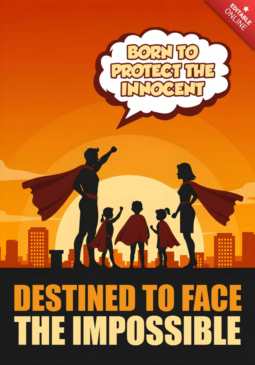 Heroïsche silhouetten van een superheldenfamilie met zonsondergang en dubbele motiverende citaten posterontwerp sjabloon