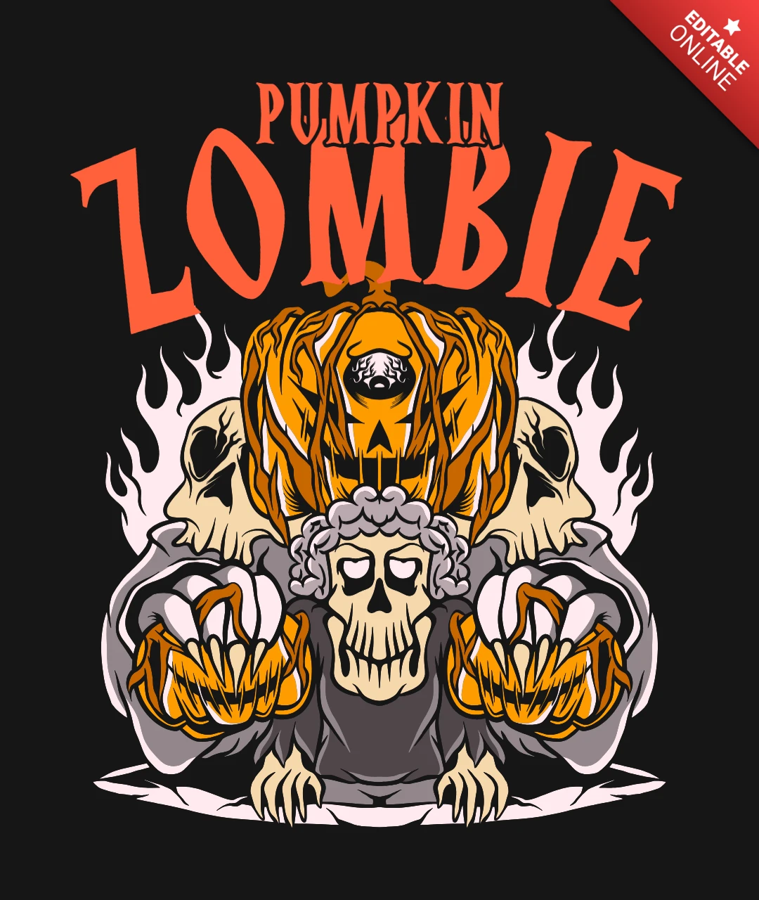 Pumpkin Zombie Flaming Jack-O’-Lantern & Skeleton T-Shirt Design Template