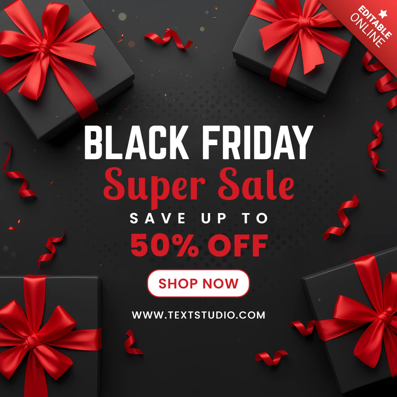 Modelo de design de venda da Black Friday com caixas de presente e fitas vermelhas para folhetos promocionais.