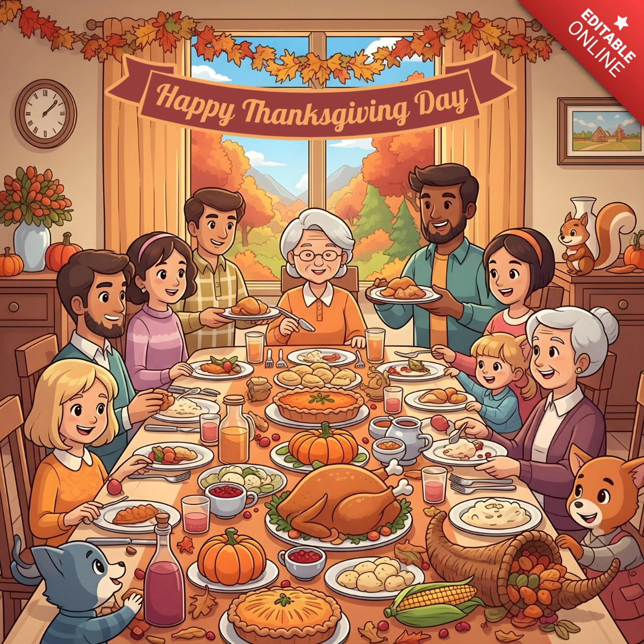 Thanksgiving Card for Kids & Families Cartoon Celebration with Fox, Wolf & Scenic Autumn Window Banner Design Template