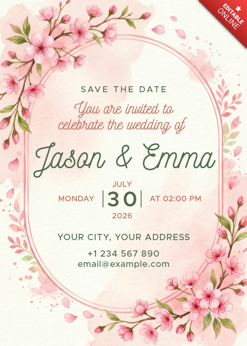 Elegante tarjeta de invitación de boda con flores de cerezo, arco floral rosa suave y diseño en acuarela