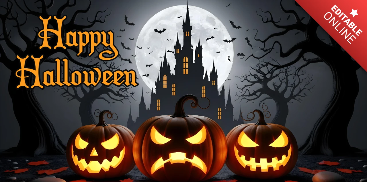ハロウィンの夜の装飾、城のシルエット、霧の森とカボチャのトリオのFacebookカバーデザインテンプレート