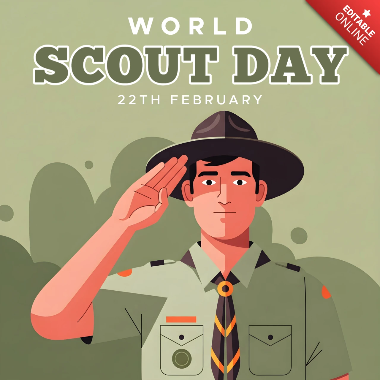 Modèle de conception d'affiche pour la célébration de la journée du scoutisme mettant en vedette un scout au salut.