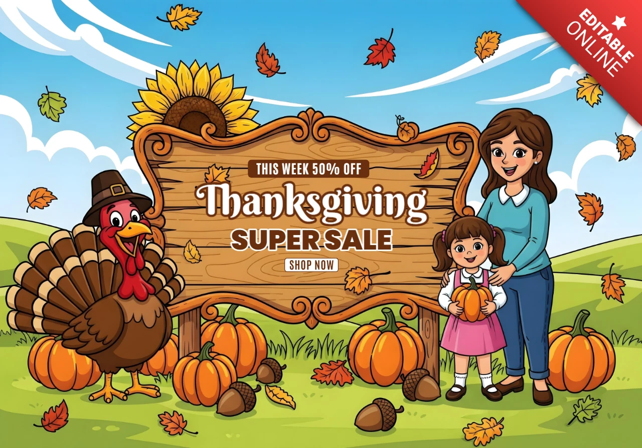 Thanksgiving Big Sale Family & Turkey in Festive Fall Setting Promotional Sale Banner Design Template
