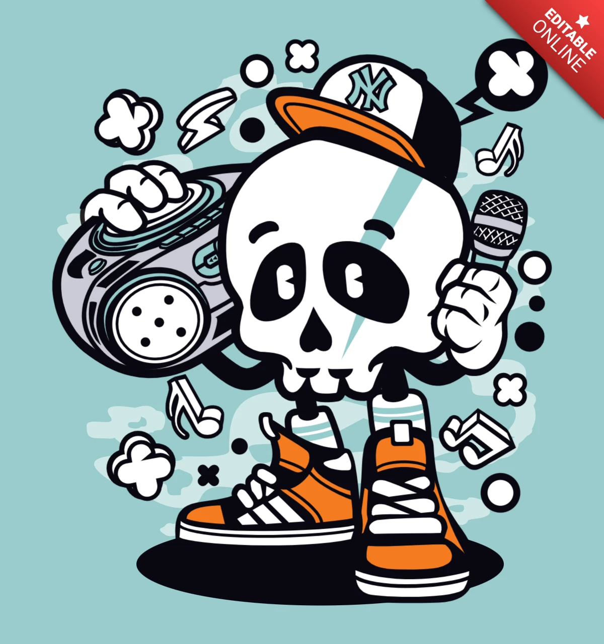 Modèle de conception d'affiche de personnage de dessin animé Boombox Skull