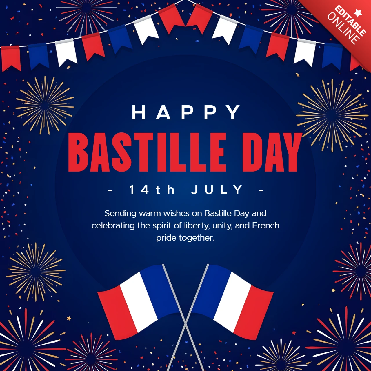 Carte de vœux du 14 juillet avec drapeaux français, feux d'artifice et thème de célébration nationale