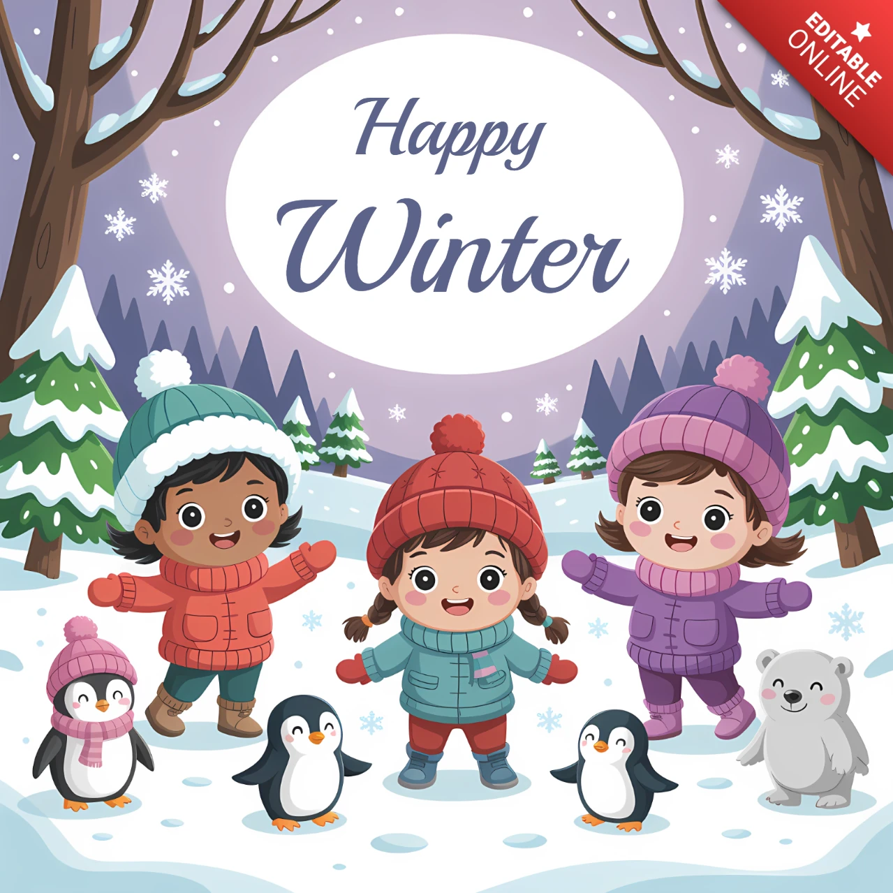 Winter Wonderland Kids Design Template for Greeting Cards
