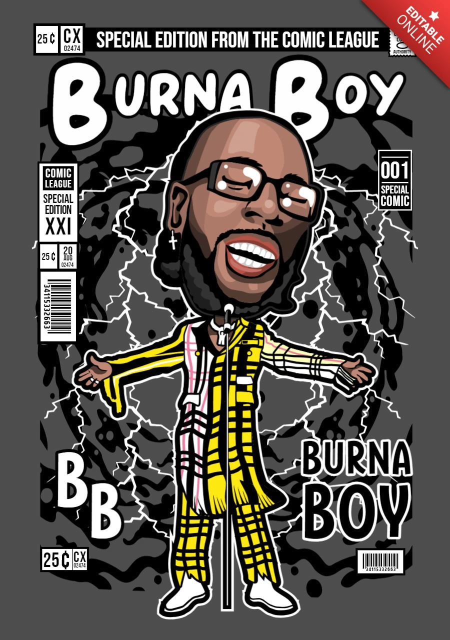 Burna Boy Cartoon Character Magazine Cover Design Template