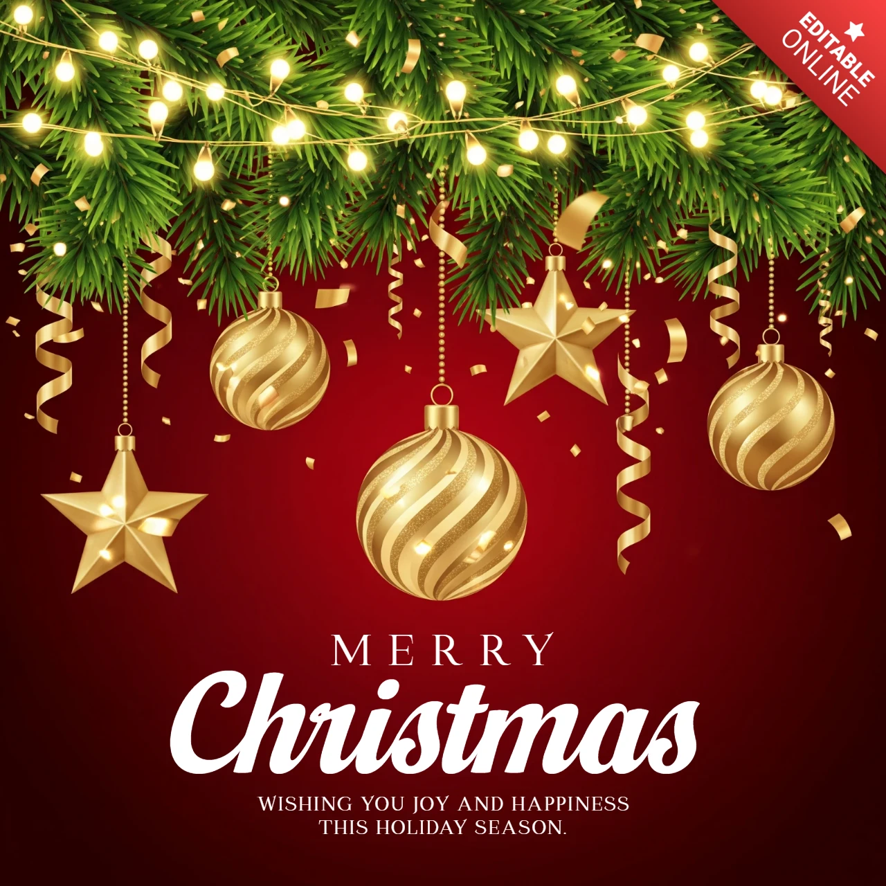 Tarjeta de Navidad alegre con ramas de pino festivas, adornos y cintas que rodean un diseño de saludo cálido de temporada.