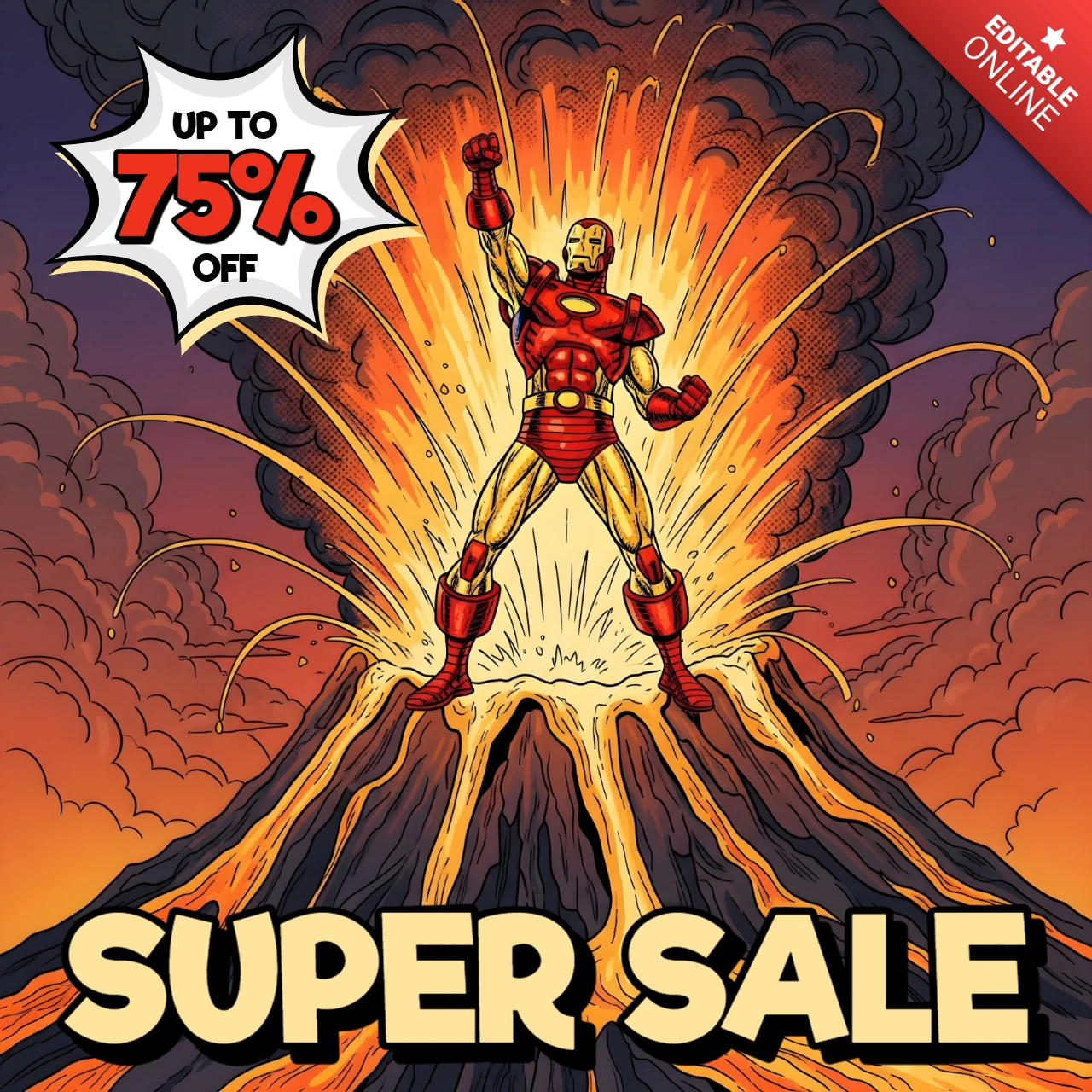 Superhelden-Verkauf Comic-Stil Vulkan-Szene mit rot-goldenem Helden-Ausbruchs-Designvorlage für Werbeflyer