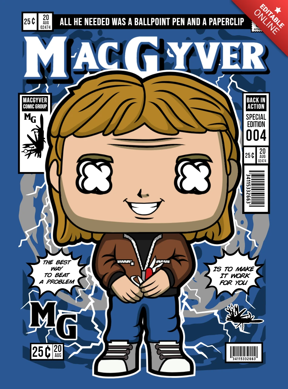 Macgyver cartoon charakter magazin cover design Vorlage