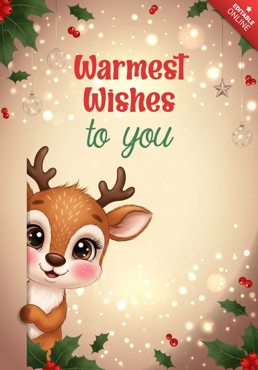 Christmas Greeting Card Peeking Reindeer with Ornaments and Holly Framing Warmest Wishes to You Message