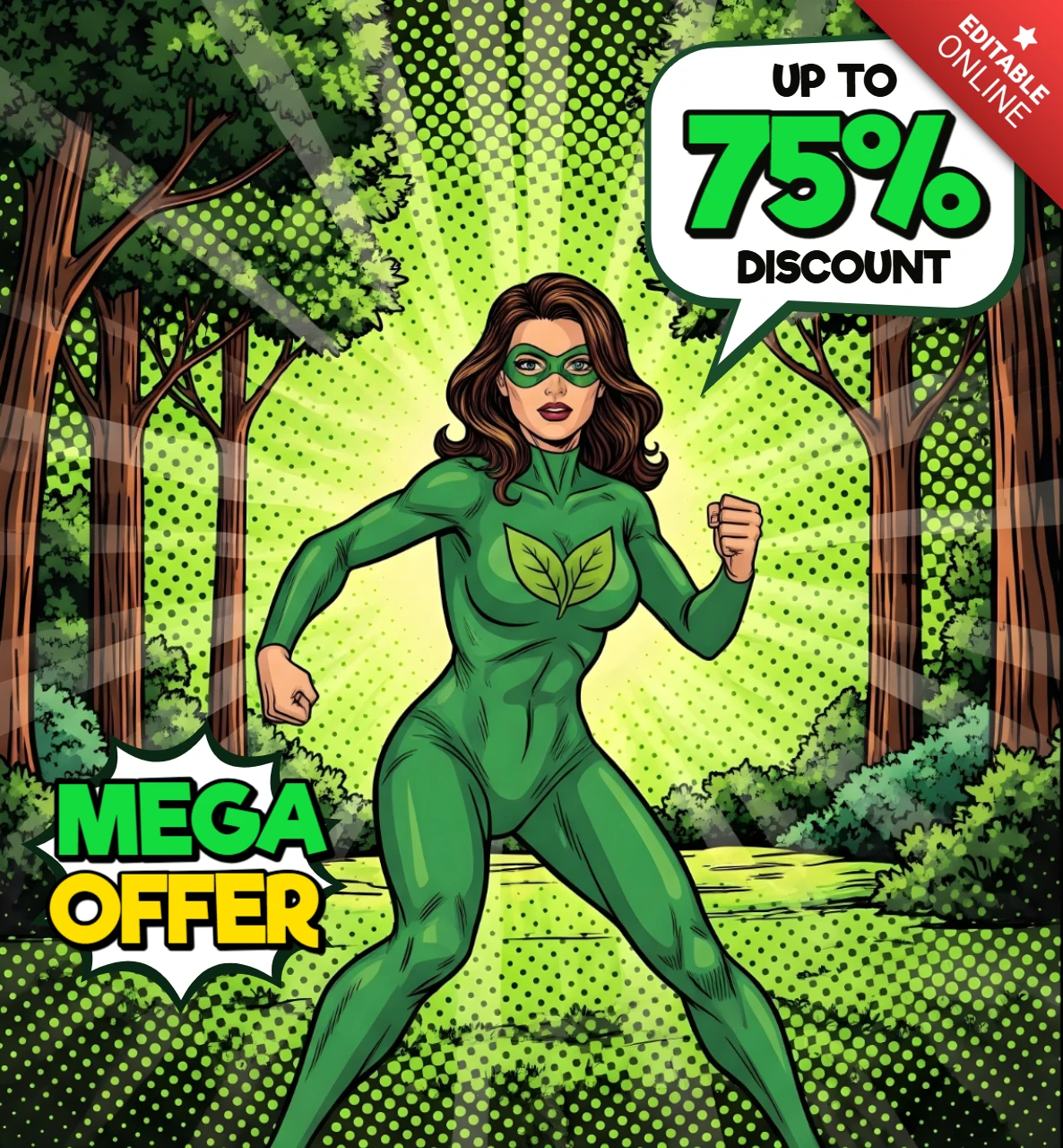 Mega oferta sztuki komiksowej w stylu bohatera obrońcy lasu z emblematem liścia i projektem wybuchu zniżki do ulotek promocyjnych