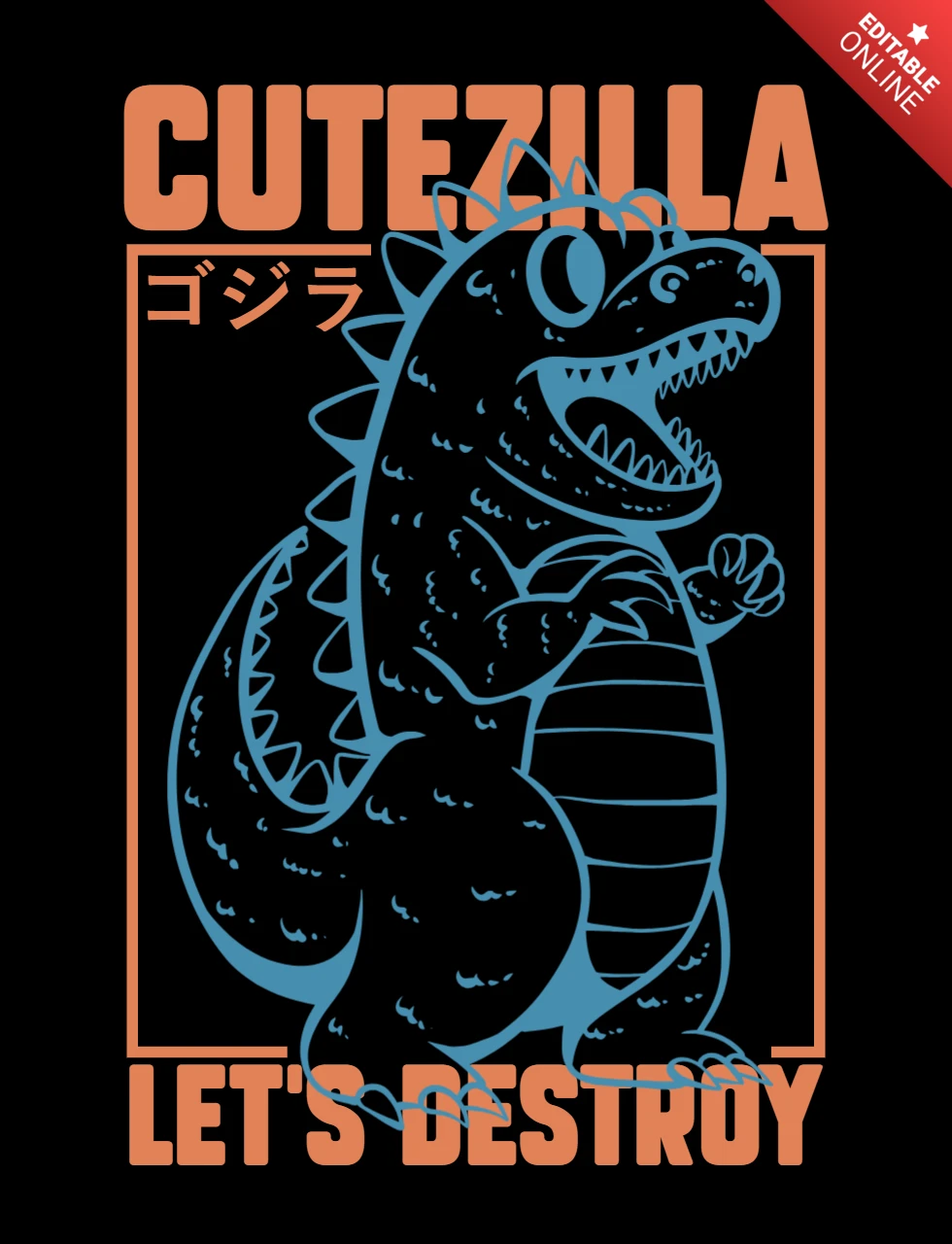 Cutezilla sevimli godzilla esinlenmiş karakter tişört tasarım şablonu