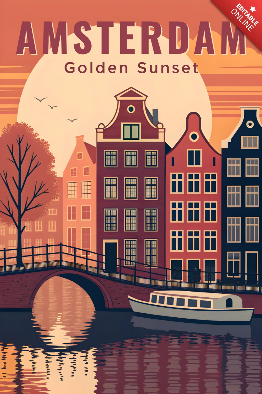Amsterdam altın gün batımı seyahat posterleri için tasarım şablonu