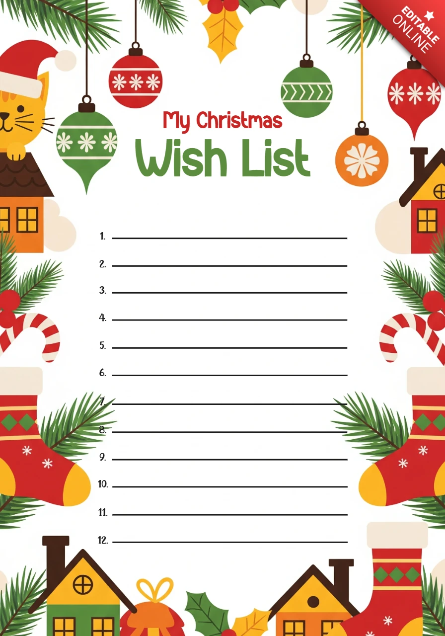 クリスマスの願い事リスト、キャンディケイン、松の枝、楽しいアイコンがテーマのテンプレート