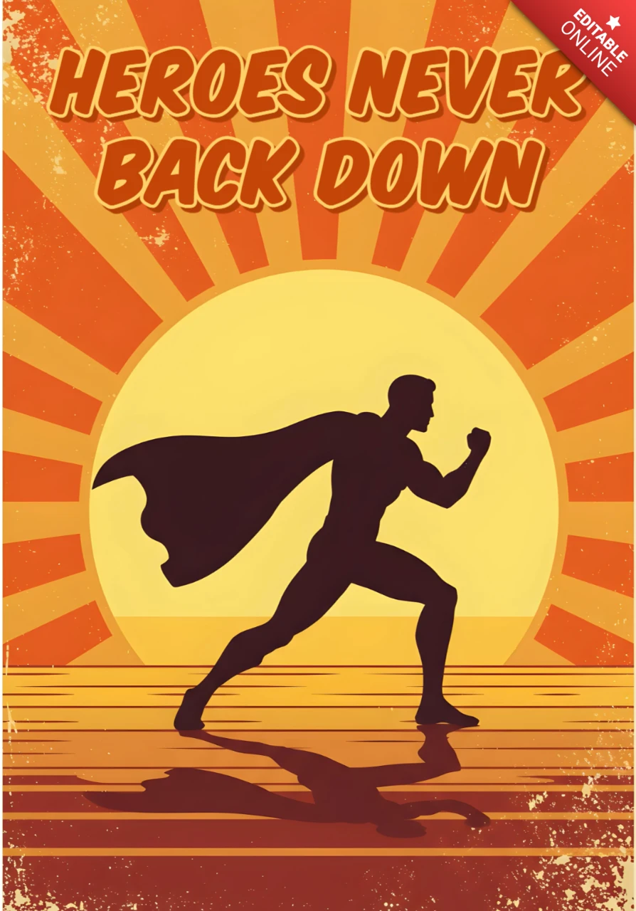 Les héros ne reculent jamais silhouette de super-héros avec un poing levé et modèle de design d'affiche avec rayons de soleil.