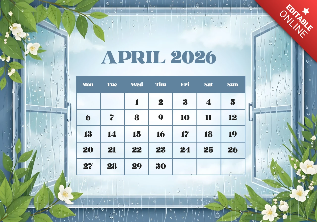 Cartel del calendario de abril de 2026 — gotas de lluvia en la ventana, hojas verdes, flores blancas y tema de borde decorativo.