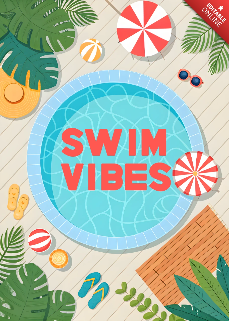 Pool Party Design Template with Tropical Elements for Summer Events
