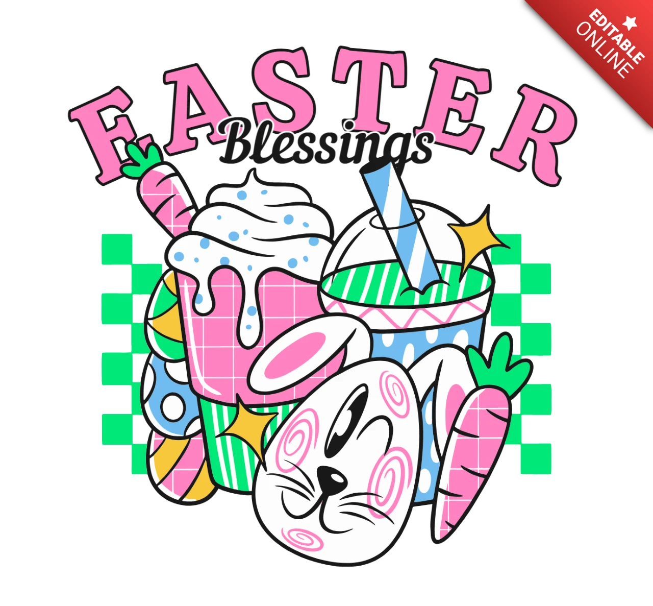 Copo de coelho com bênçãos de Páscoa e cenouras com chantilly e modelo de design de camiseta com cruz
