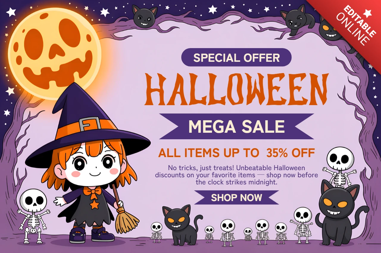 Whimsical Halloween Sale Template with Cute Chibi Witch Design for Flyers