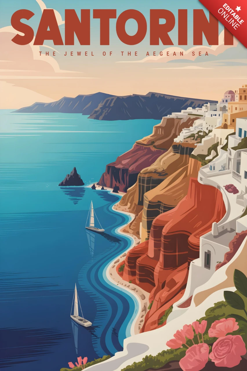 Edifícios brancos com cúpulas azuis com vista para o mar Egeu, modelo de design de pôsteres de viagem de Santorini.