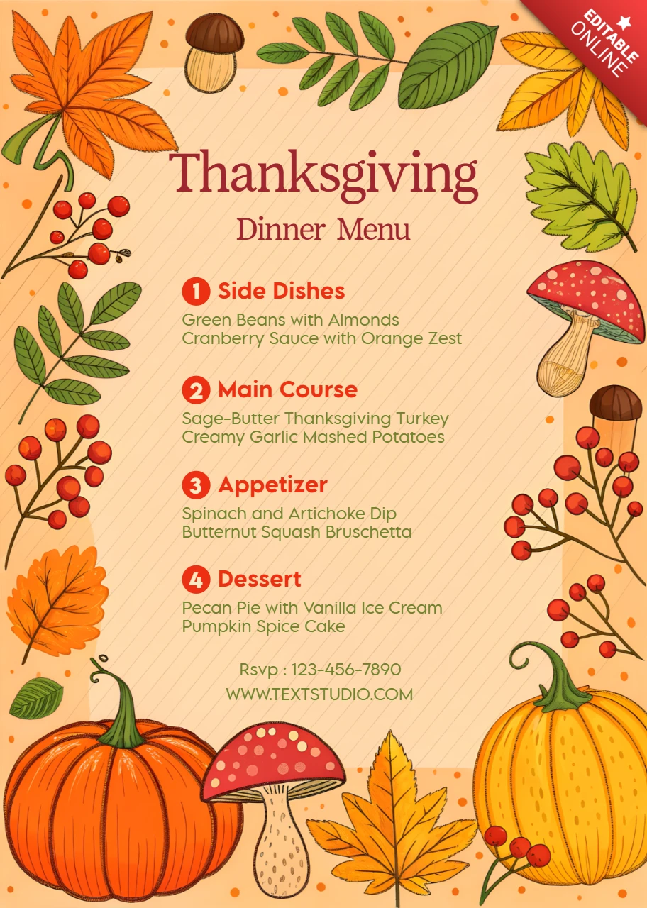 Thanksgiving Dinner Menu Template with Autumn Leaves and Mushrooms Design
