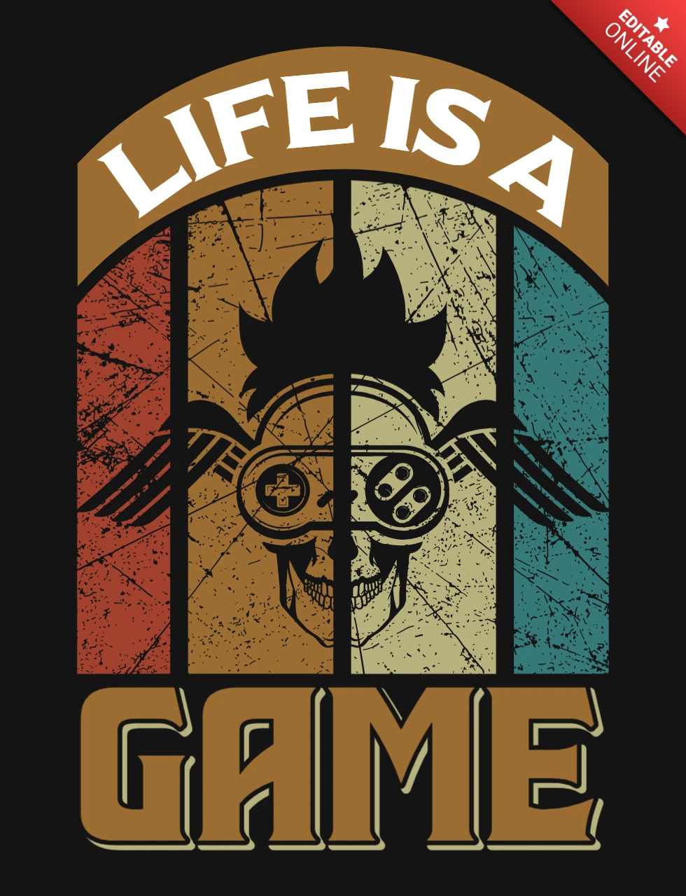 Life is a game retro skull winged gaming controller t-shirt design template