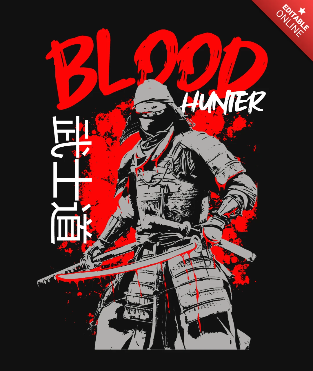 Maglietta Samurai blood hunter, guerriero feroce con maschera e design del t-shirt in kanji.