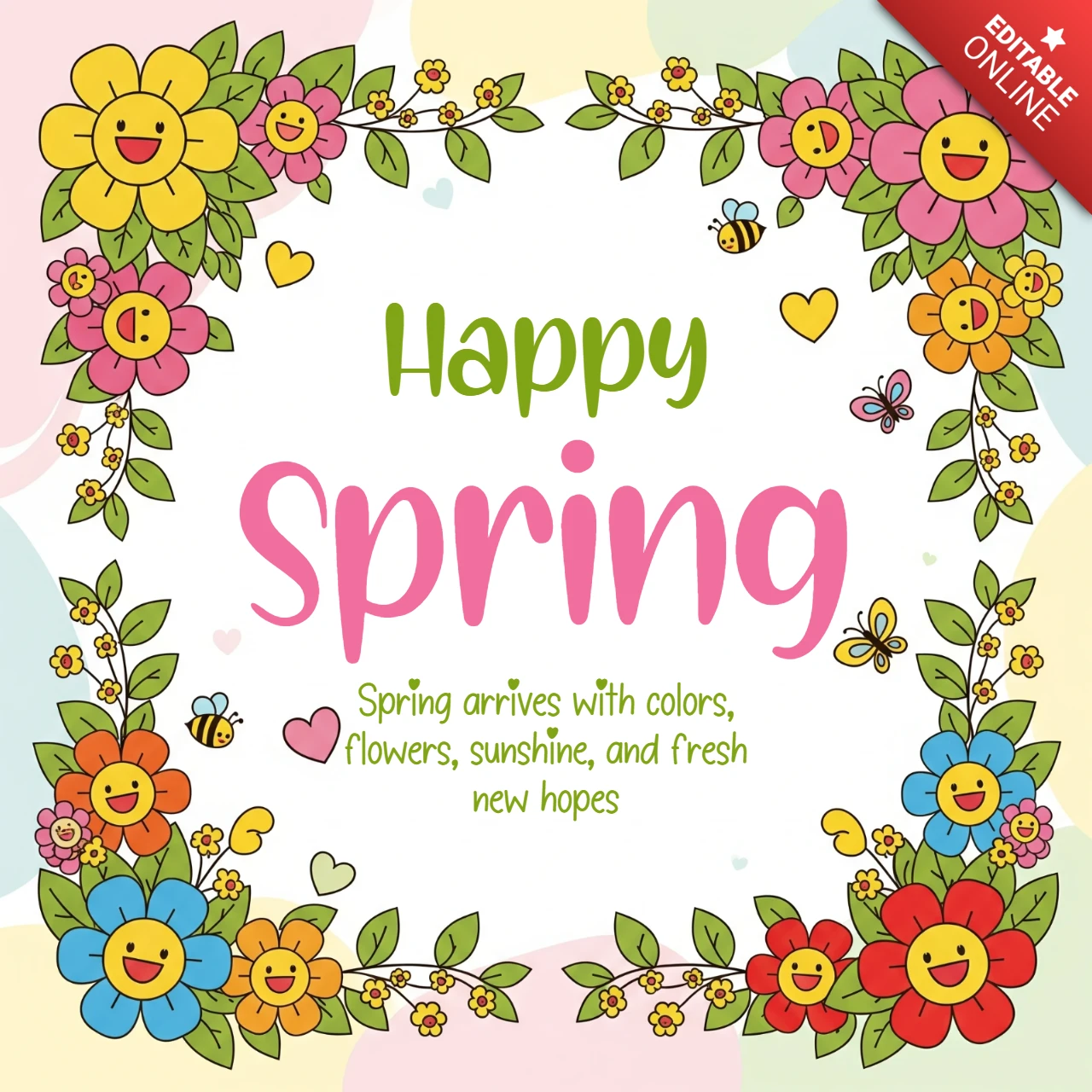 Seasonal Spring Greeting Card Design Template with Colorful Flowers, Green Leaves, and Festive Pastel Theme