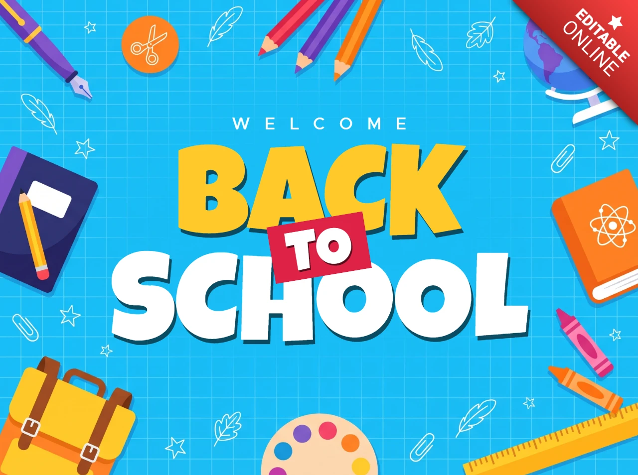 Welcome back to school banner with colorful educational supplies and stationery items on a blue background