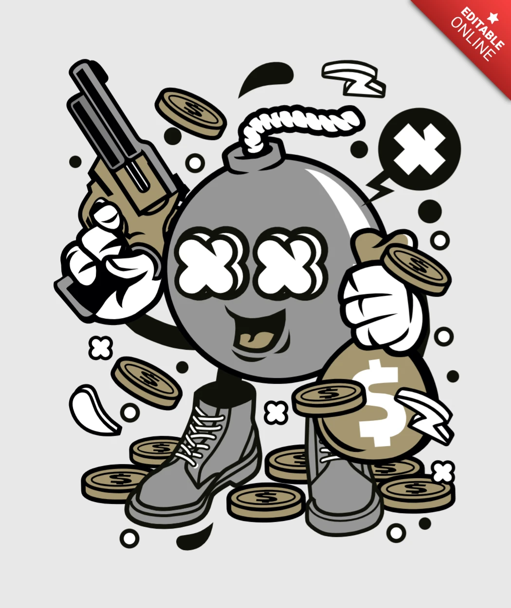 Geldnehmer bombardieren T-Shirt-Designvorlage für Zeichentrickfiguren