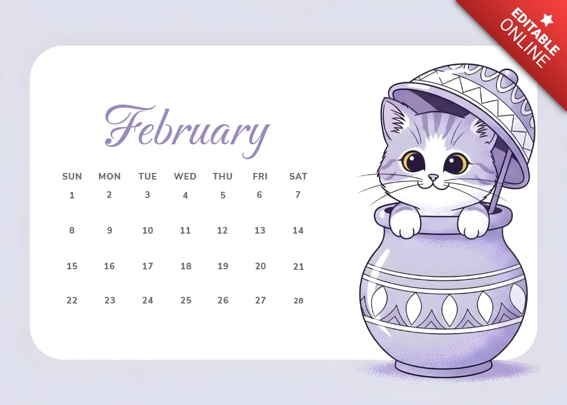 Template di calendario con illustrazione di gatti per il design di febbraio