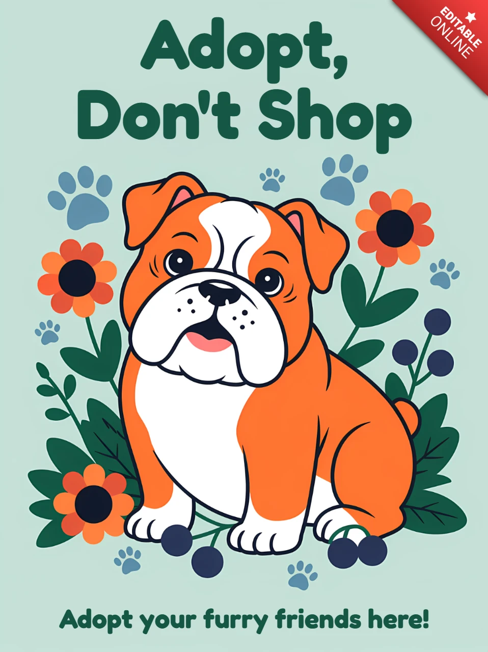 Plantilla de diseño para adopción de bulldogs juguetones para volantes de adopta, no compres.