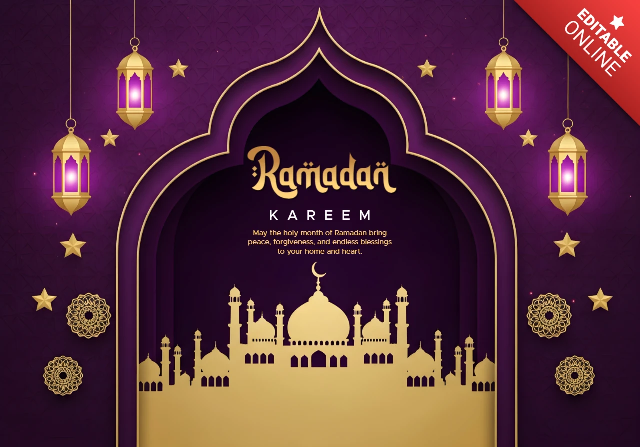 Ramadan Kareem Design-Vorlage für festliche Grußkarten mit Laternen und Moscheesilhouette