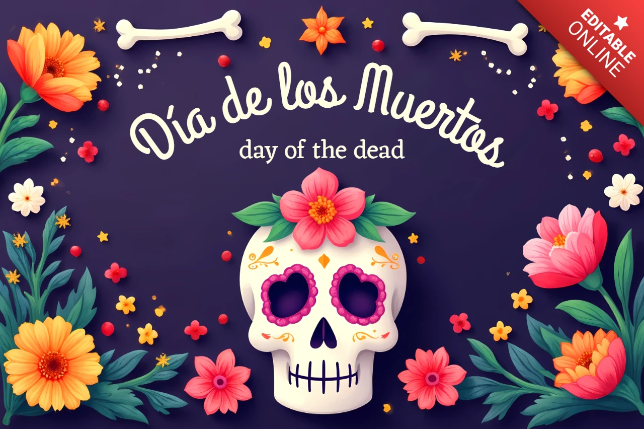 Modelo de design colorido para o dia de los muertos para pôsteres com elementos de caveira floral