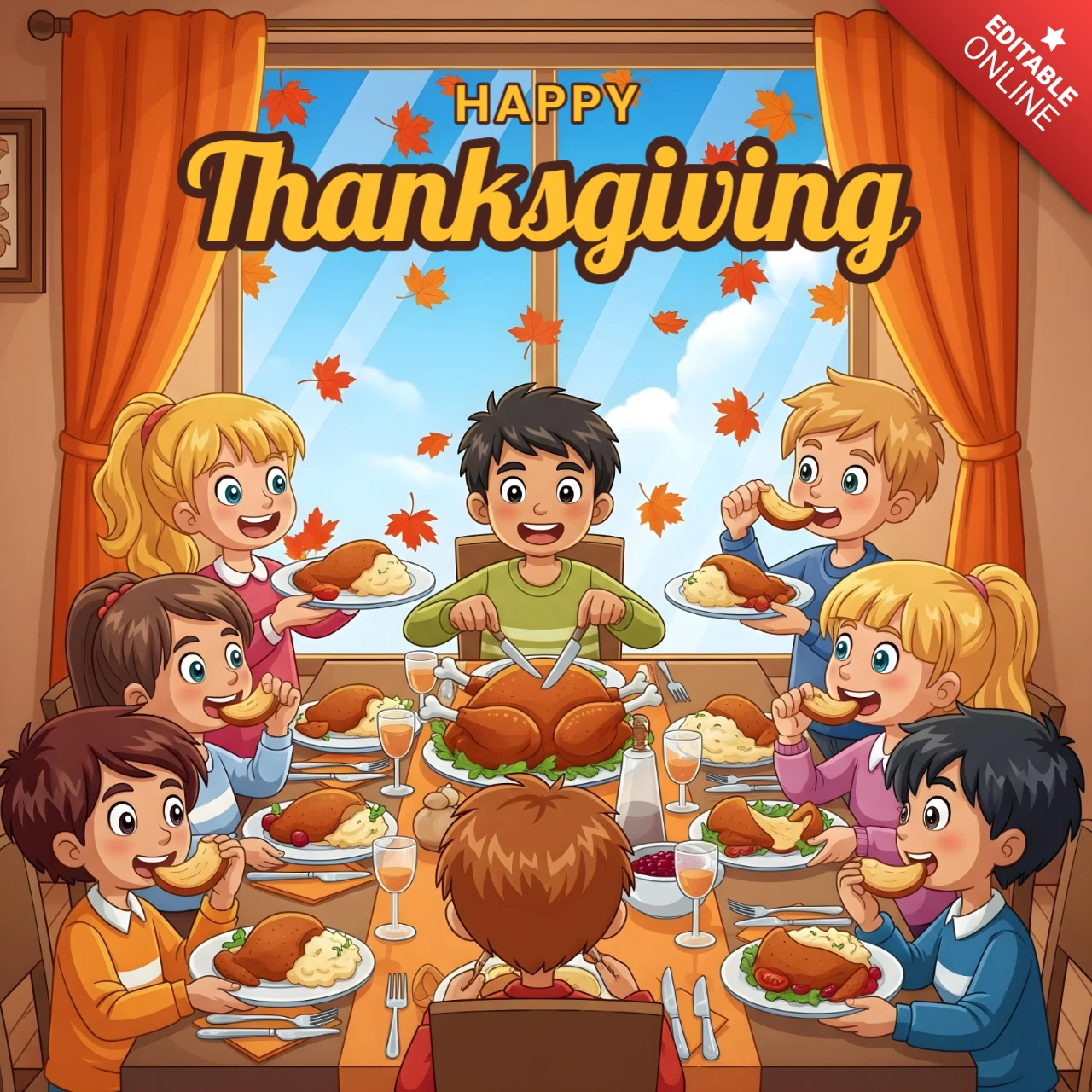 Cheerful Kids Celebration with Roasted Turkey & Colorful Curtains Thanksgiving Cartoon Card Banner Design Template