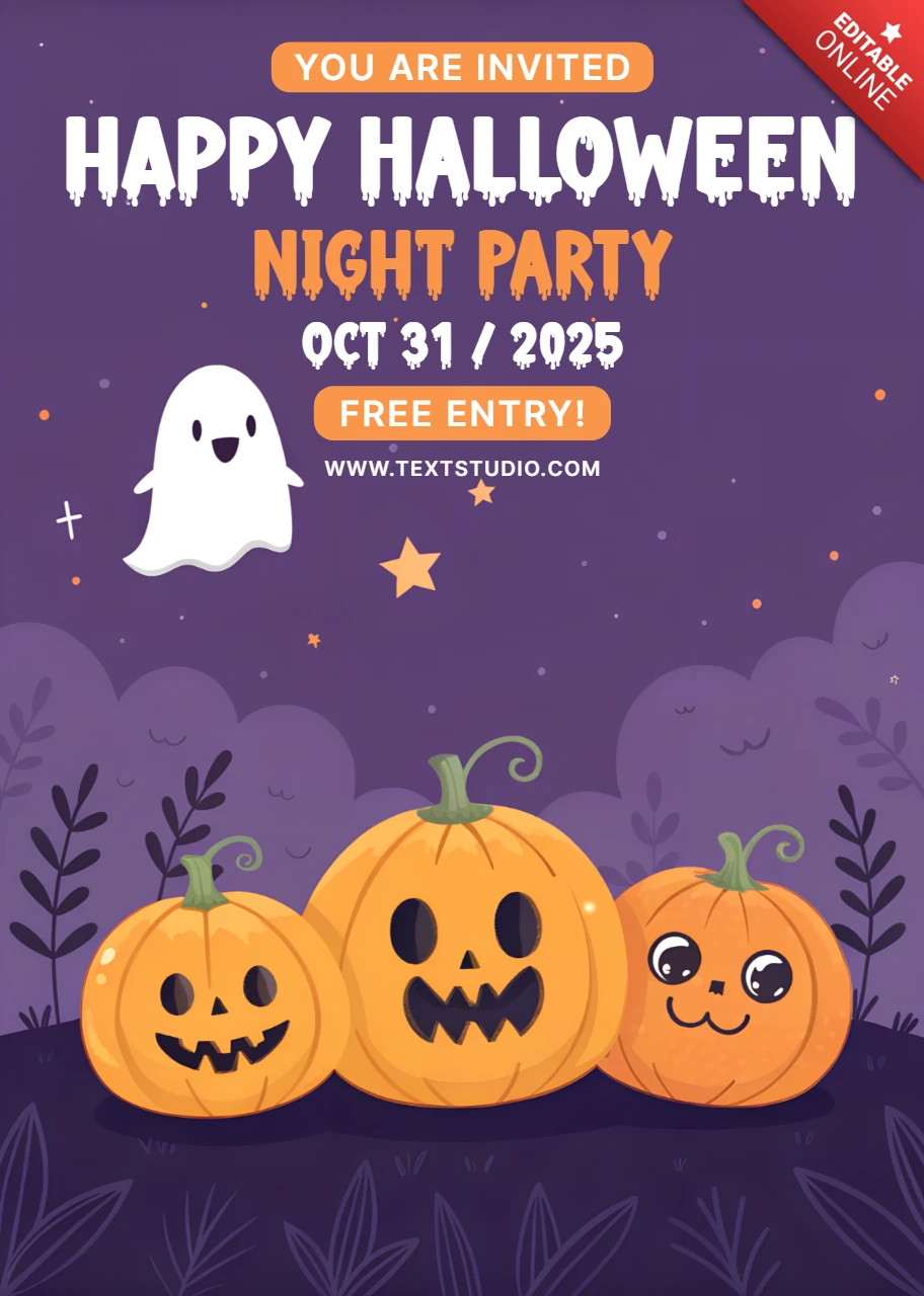 Plantilla de invitación editable para fiesta de Halloween con diseño de calabazas y fantasmas adorables.