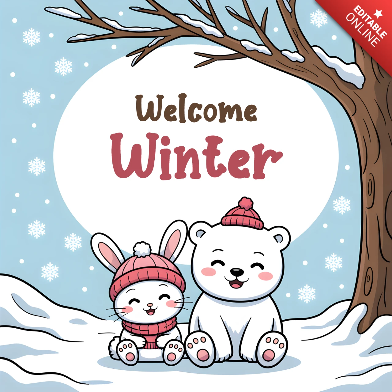 Winter Themed Design Template with Cute Animal Characters for Greeting Cards