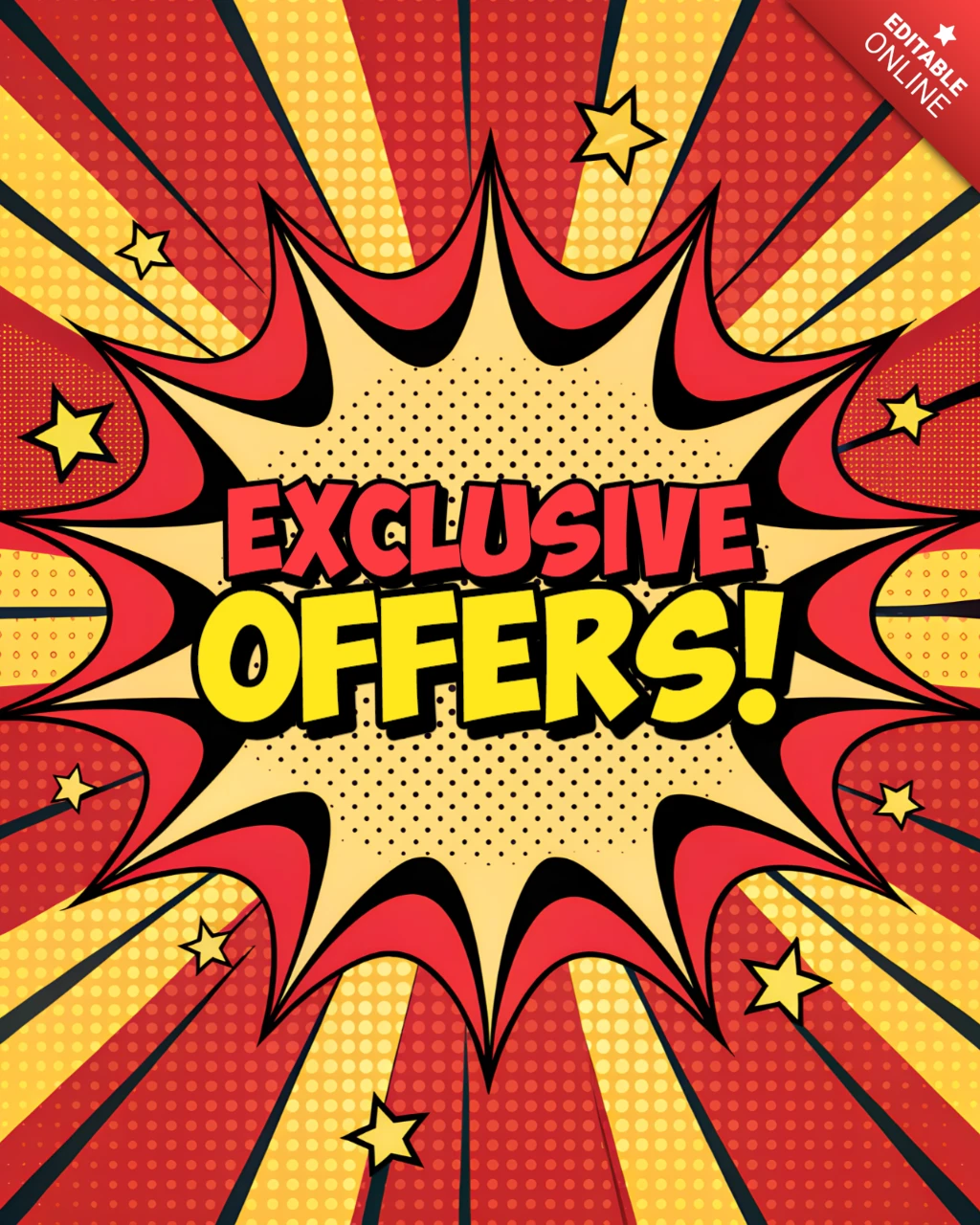Plantilla promocional de pop art para diseño de volantes de ofertas exclusivas.
