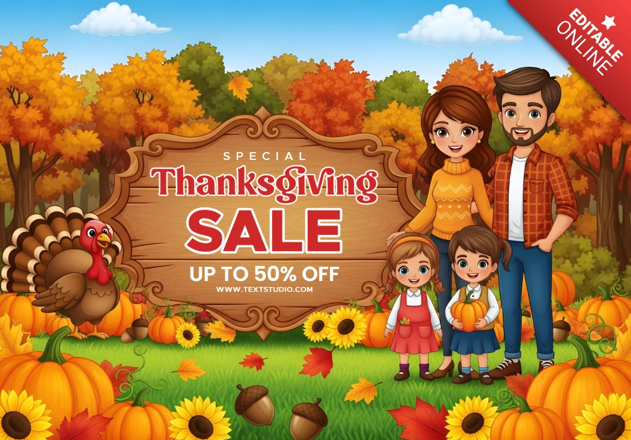 Feiere gemeinsam mit der Familie Thanksgiving – Verkaufsplakat mit fröhlichem Truthahn und herbstlichen Vibes, Designvorlage für eine Werbeaktion.