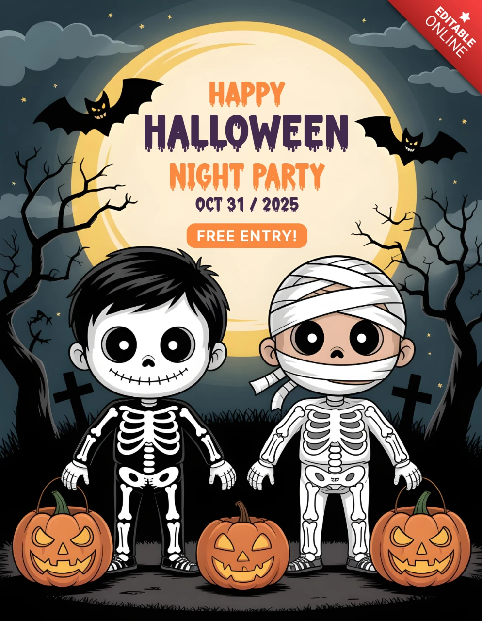 Gruselige Halloween-Einladung für Familien-Trick-or-Treater auf einem Kopfsteinpflasterweg mit leuchtenden Kürbislaternen, Designvorlage für festliche Flyer.