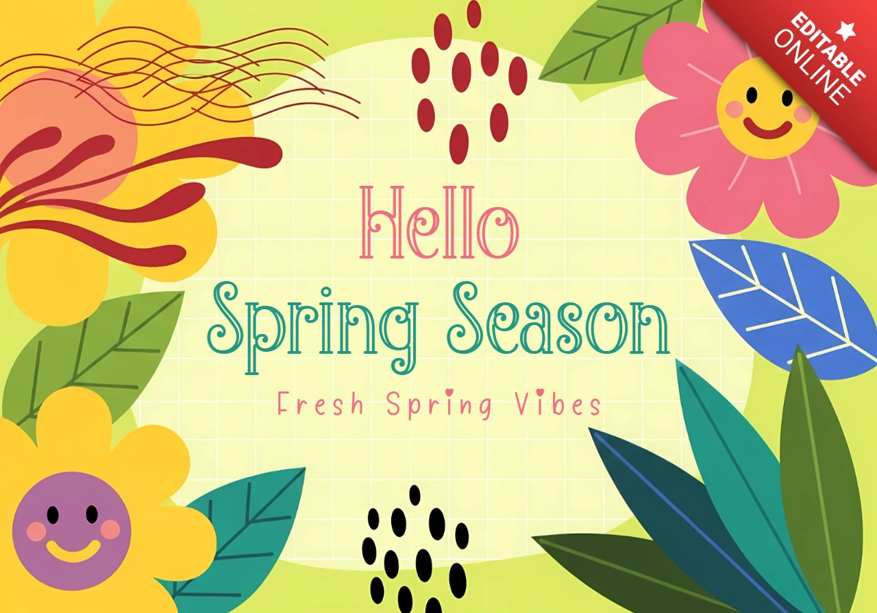 Modèle de carte de vœux pour le printemps avec des fleurs colorées et des éléments ludiques