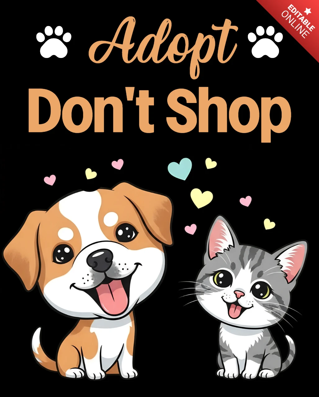 Adoptiere, kaufe nicht, Designvorlage für Haustieradoptionsflyer mit süßen Hund- und Katzenillustrationen.