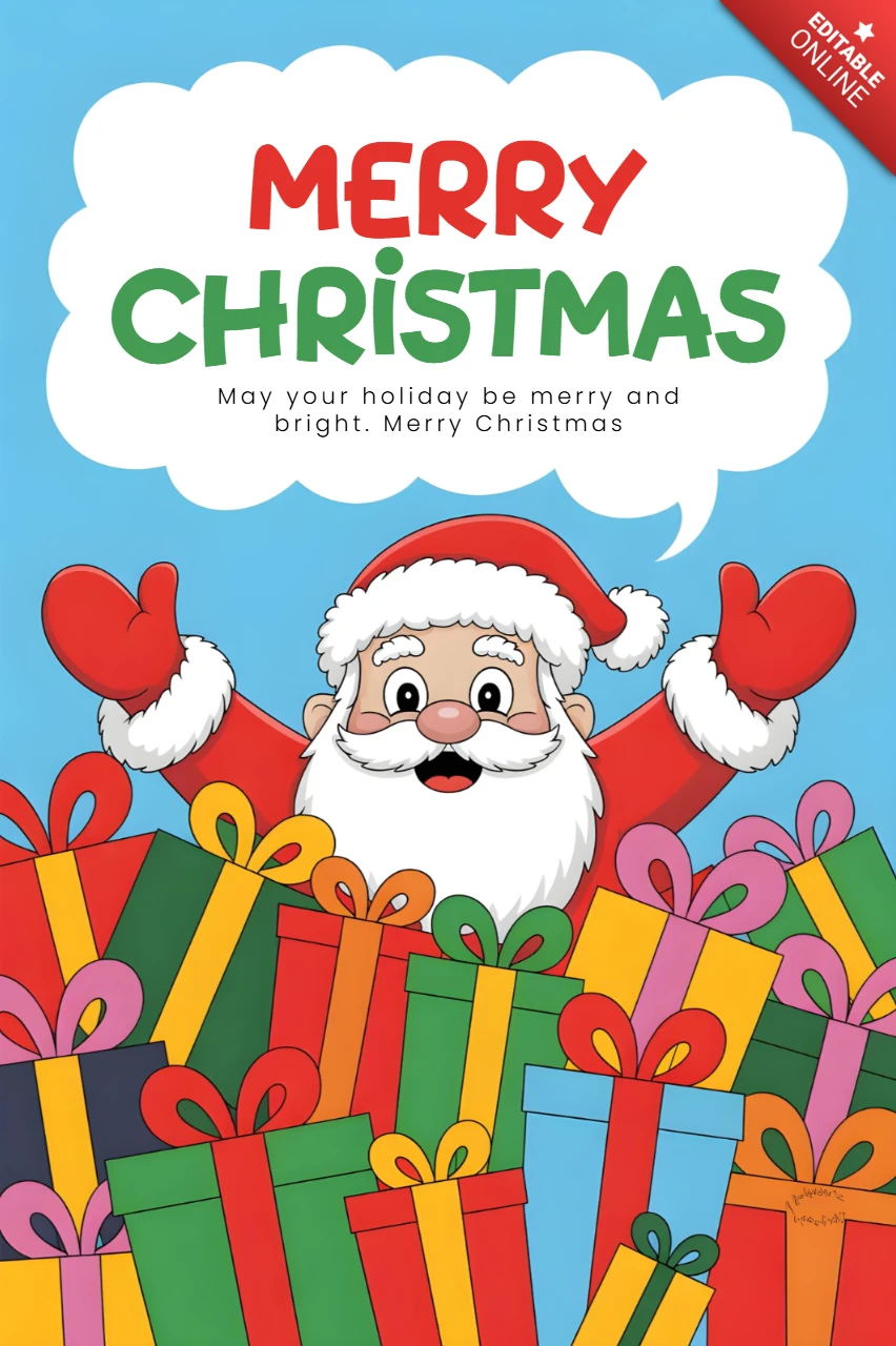 Pôster de Natal caprichoso com Papai Noel e presentes coloridos de arco-íris com design de mensagem festiva alegre.