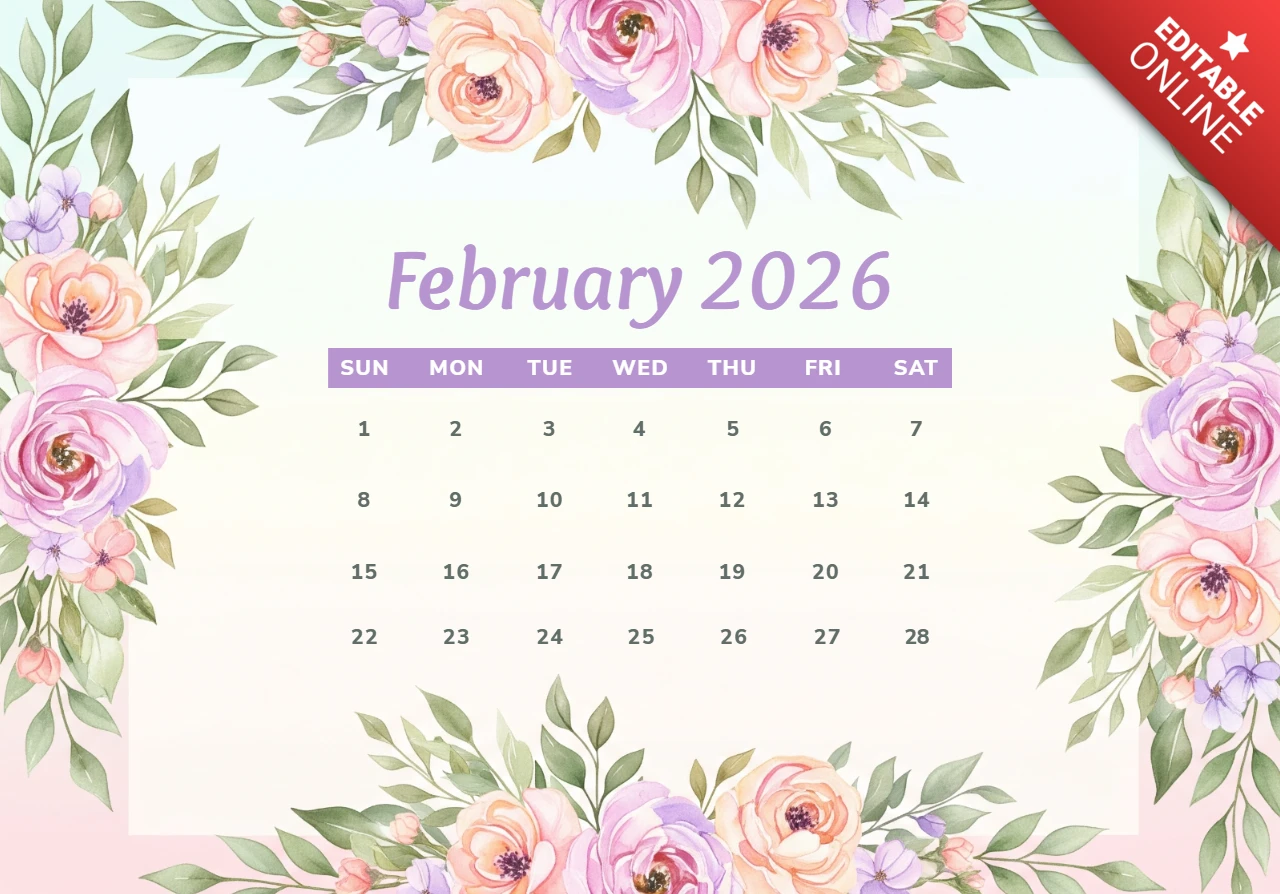 Floral February 2026 Wall Calendar Elegant Watercolor Flowers for Seasonal Decor