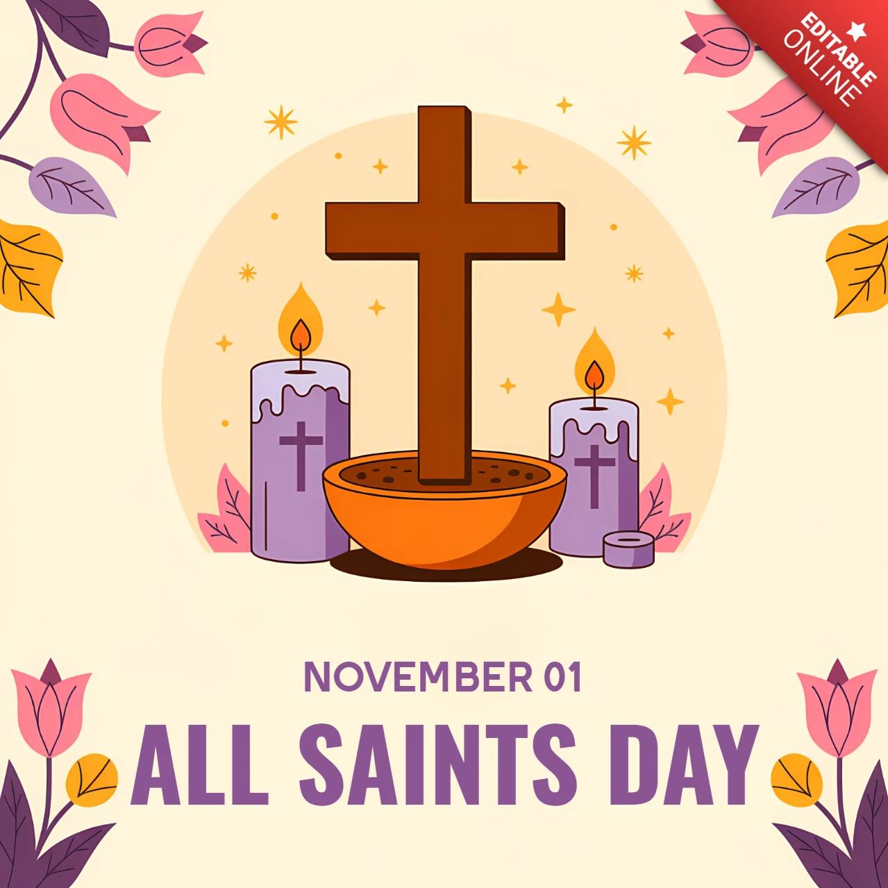 Plantilla de diseño para el día de todos los santos con cruz y velas para tarjetas de felicitación.