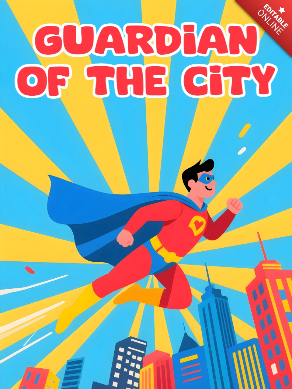 Superhero Design Template for Kids' Posters Featuring Colorful Cityscape